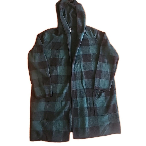Adrienne Vittadini Sweaters - Adrienne Vittadini Women's Green/Black Plaid Heavy Hooded CARDIGAN Sweater 1x